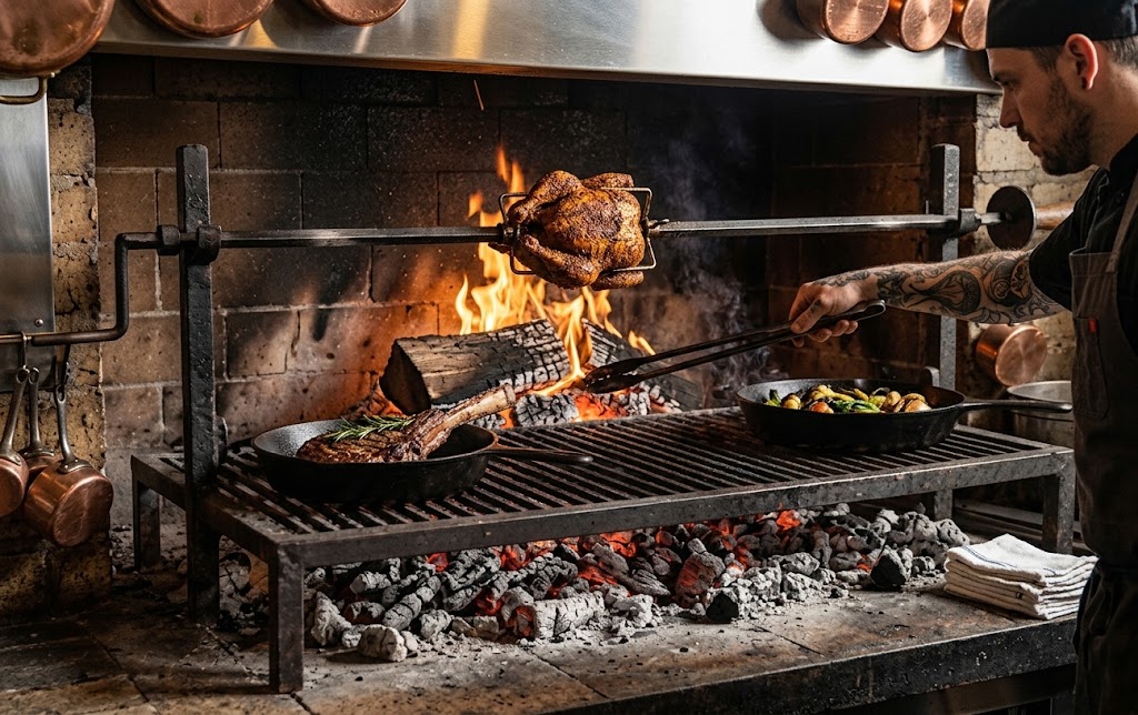 Vista de la cocina del restaurante con brasas y utensilios