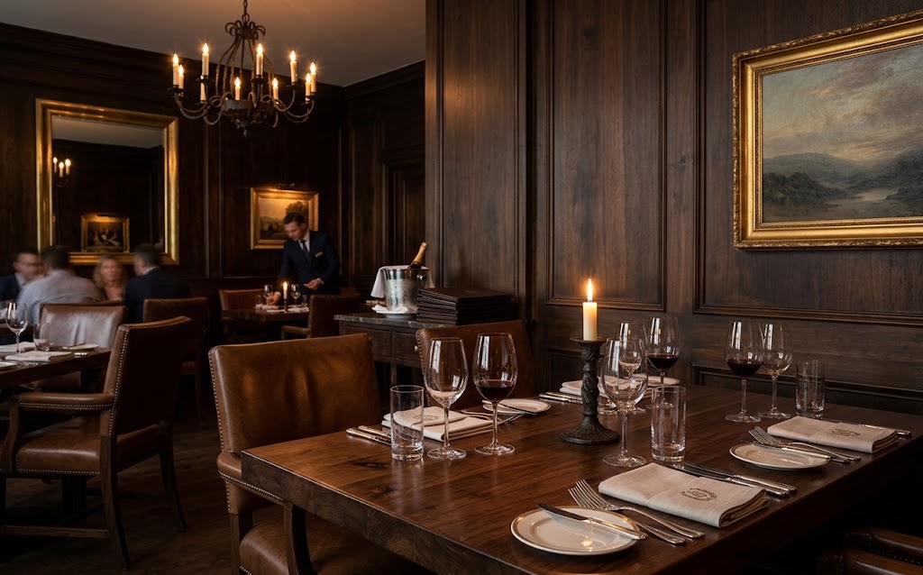 Vista de la sala del restaurante con luz cálida y madera